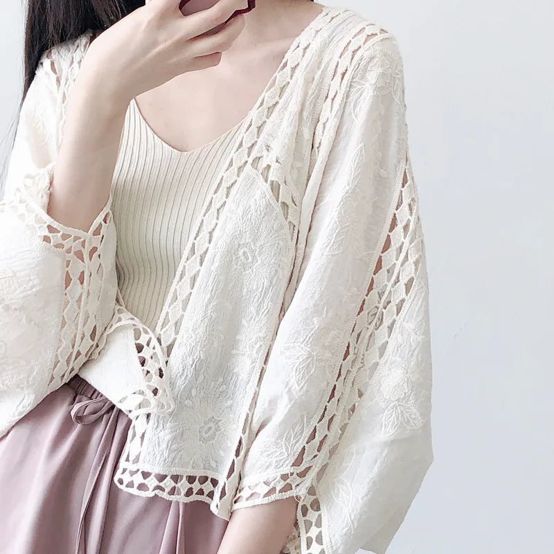 Faith's Cotton Linen Open Stitch Embroidered Summer Cover-Ups