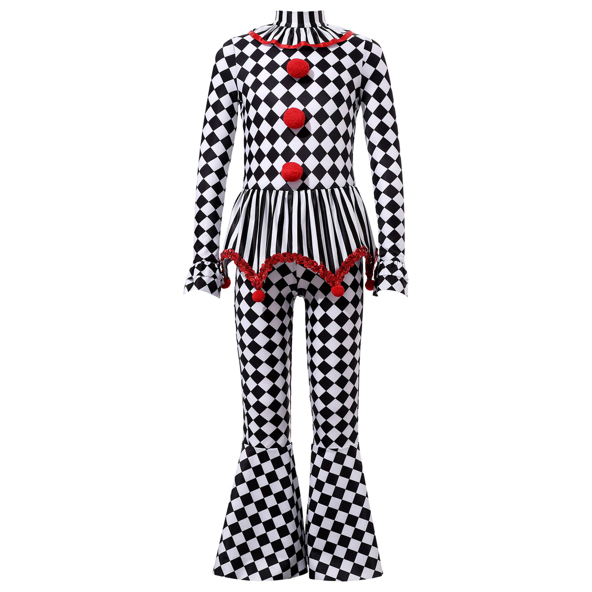 Kids Girls Halloween Harlequin Circus Clown Cosplay Costume Pom Poms Checkerboard Jumpsuit
