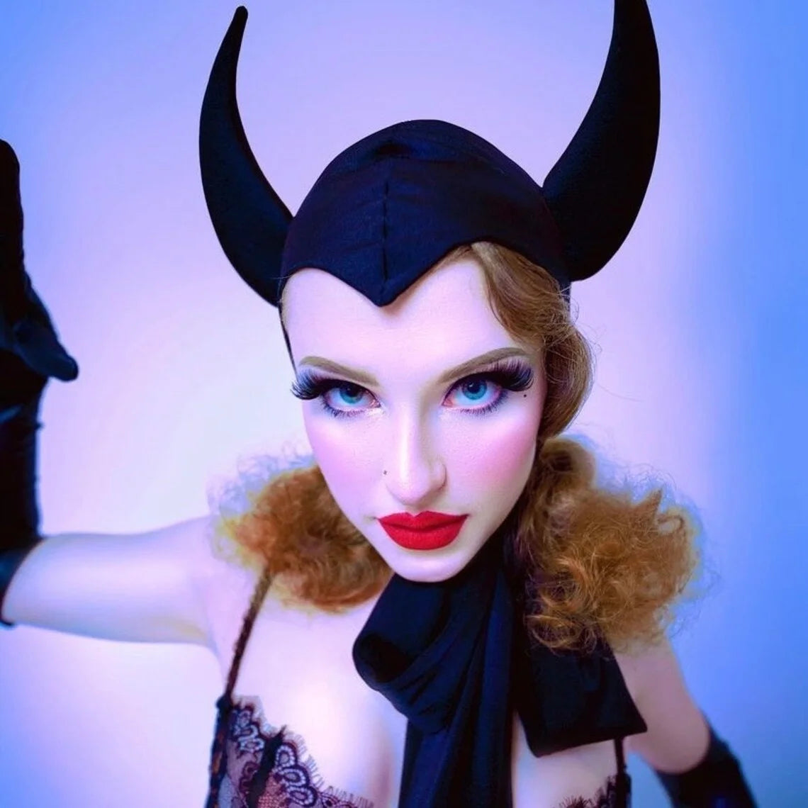 Vintage Horned Devil Red/Black Satin Bonnet Hood Headpiece Halloween Costume Party