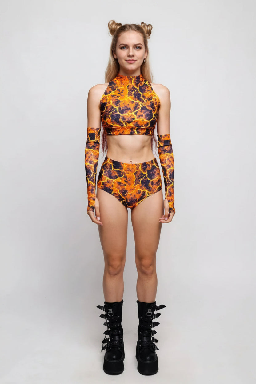 Roller Derby Performance Outfit Women High Neck Crop Set Rave Party Clubwear Printed Bodycon Set