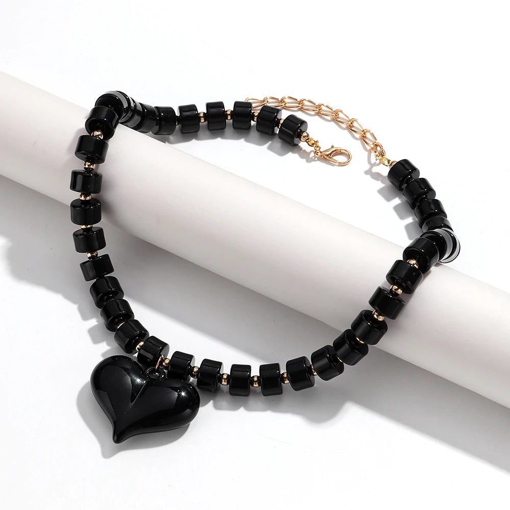 Chunky Acrylic Heart Pendant Beaded Choker Necklaces