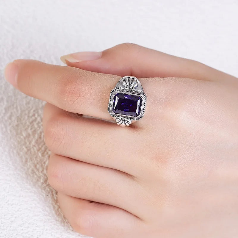 Maga's Portal Key S925 Sterling Silver Diamond Ring Square Natural Amethyst