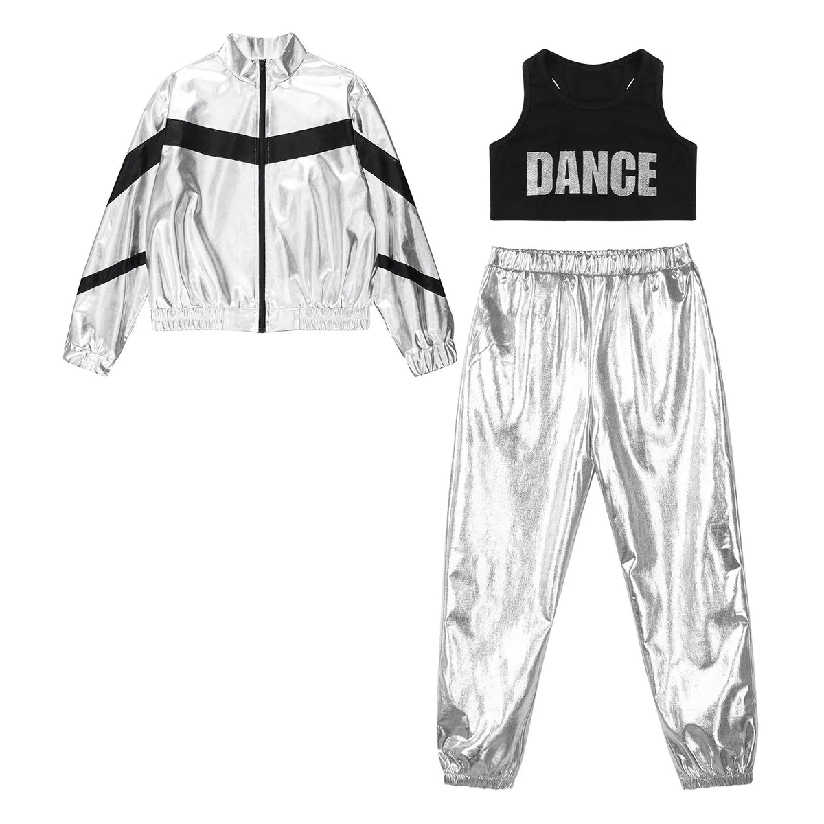 Girls Hip-hop Dance Outfit Streetwear Racer Back Tank Crop Top + Long Sleeve Jacket + Pants 3Pcs/Set