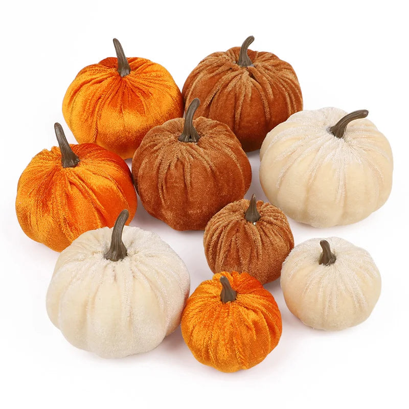 9pcs Velvet Artificial Pumpkins 3 Size Mixed Halloween Party Thanksgiving Home Table Decoration Autumn Fall Decor