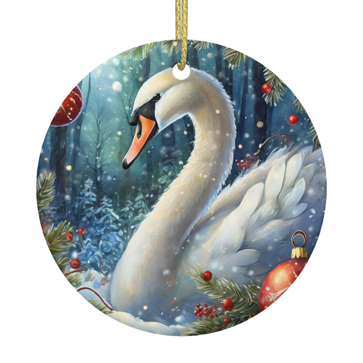 Swan Ceramic Christmas Round Ornament
