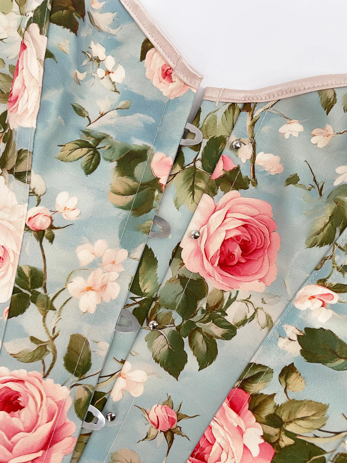 Roses and Blue Skies Floral Print Corset Overbust Corselet Bustiers
