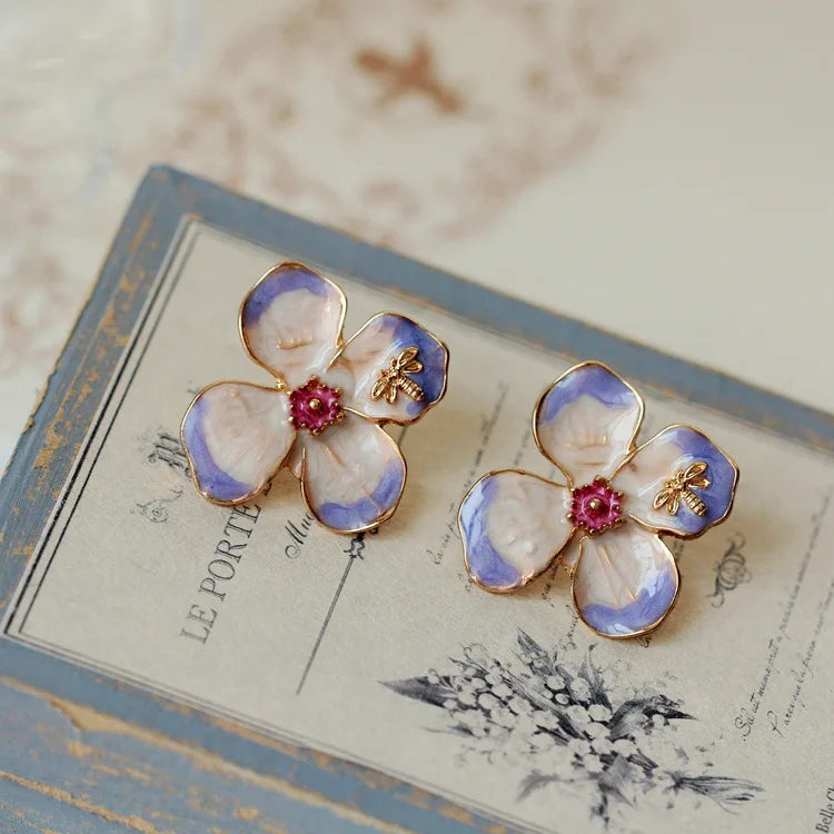 Enamel Purple Flower and Bee Stud Earrings Drip Glaze Gradient Petals