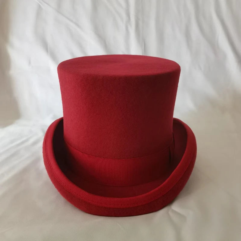 100% Wool Flat Top Hats Solid Colours Wide Ribbon Magician Performance Hat