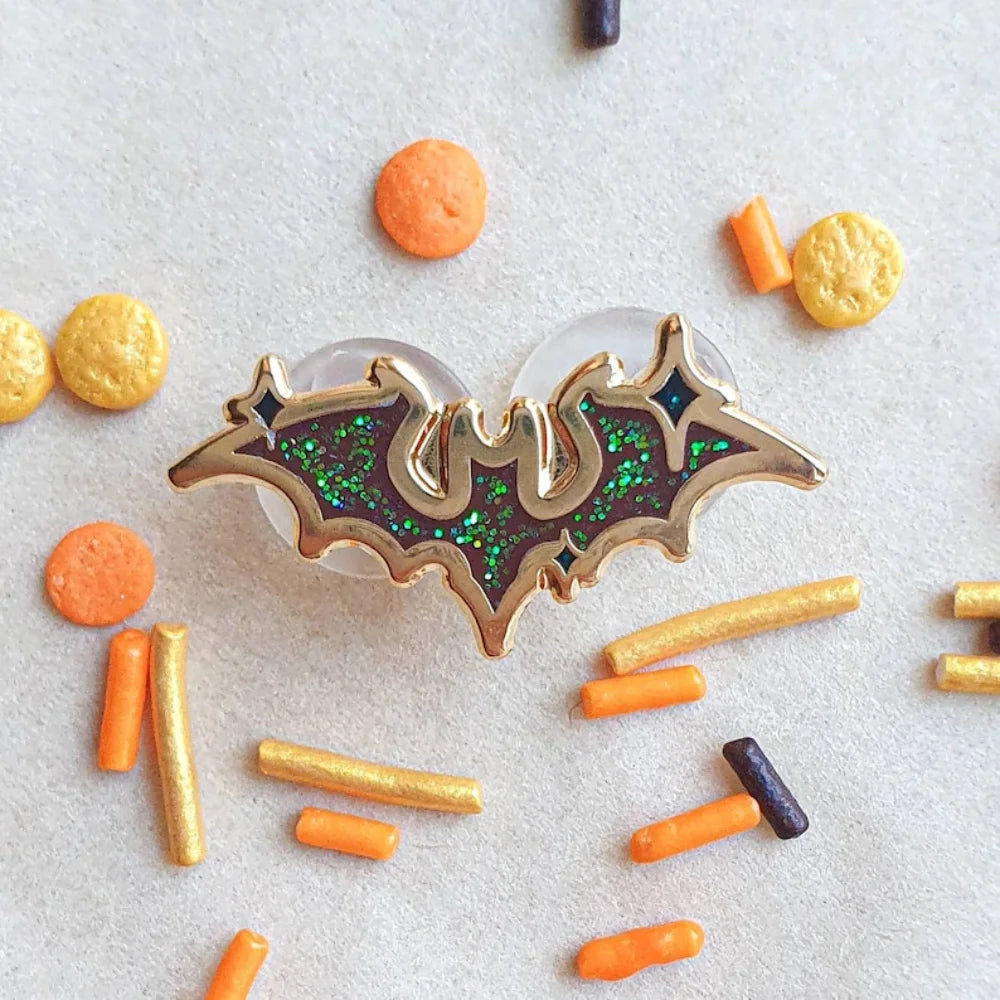 Set of Four Halloween Mini Enamel Pins Witchy Badge Bat Ghost and Candy Corn Glitter Brooches