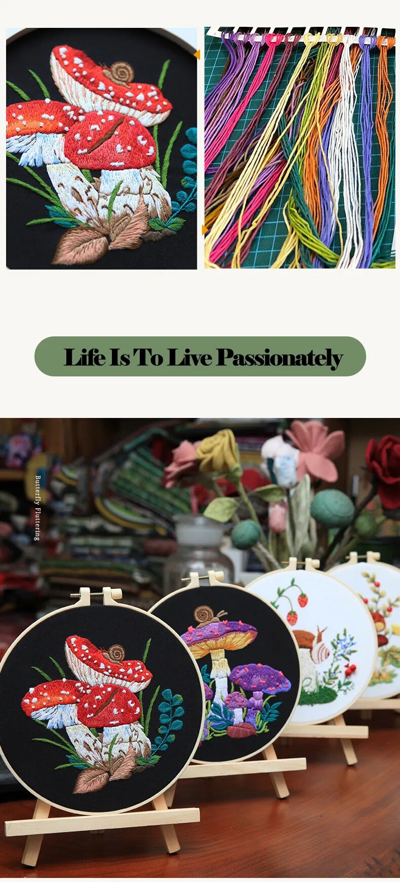 DIY Mushroom Embroidery Kit with Hoop Beginner Needlework Set