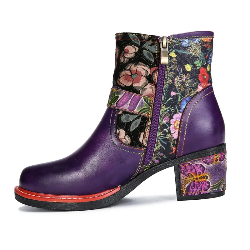 Violet's Floral Boots Genuine Leather Hand-painted Short Boots