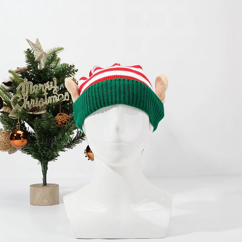 Christmas Elf Striped Beanies Hat Knitted Xmas Cap with Small Ears for Women Men
