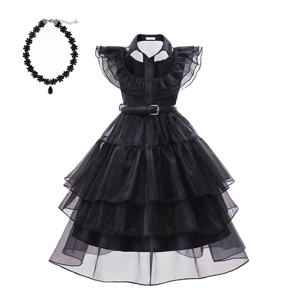 Wednesday Addams Cosplay Costume Girls Black Gothic Dress Sets