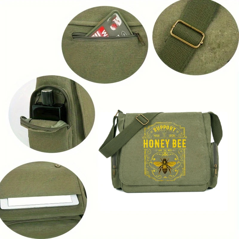 Honey Bee Print Canvas Shoulder Bag Crossbody Messenger Bag