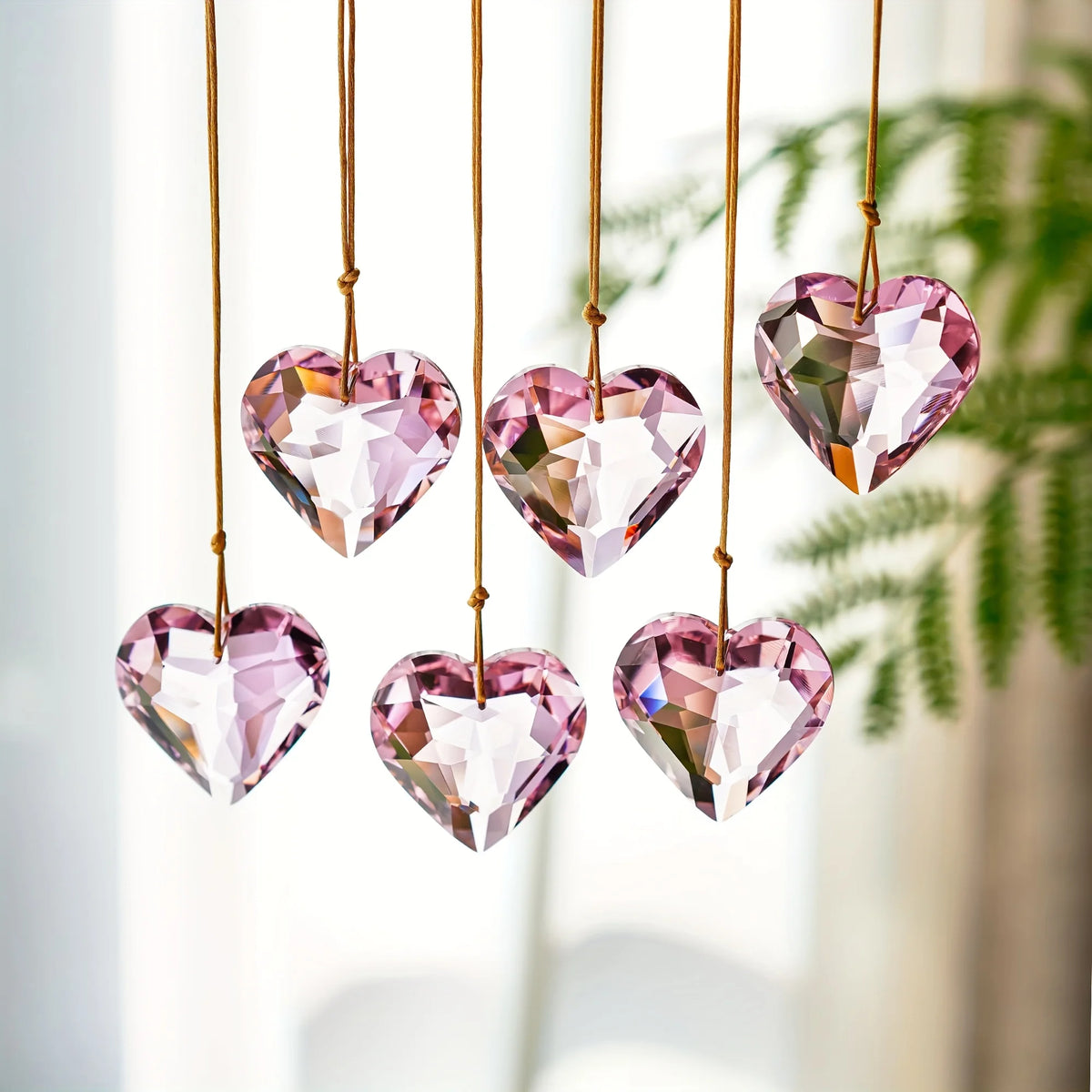 Set of Six Pink Heart-Shaped Crystal Hanging Ornaments