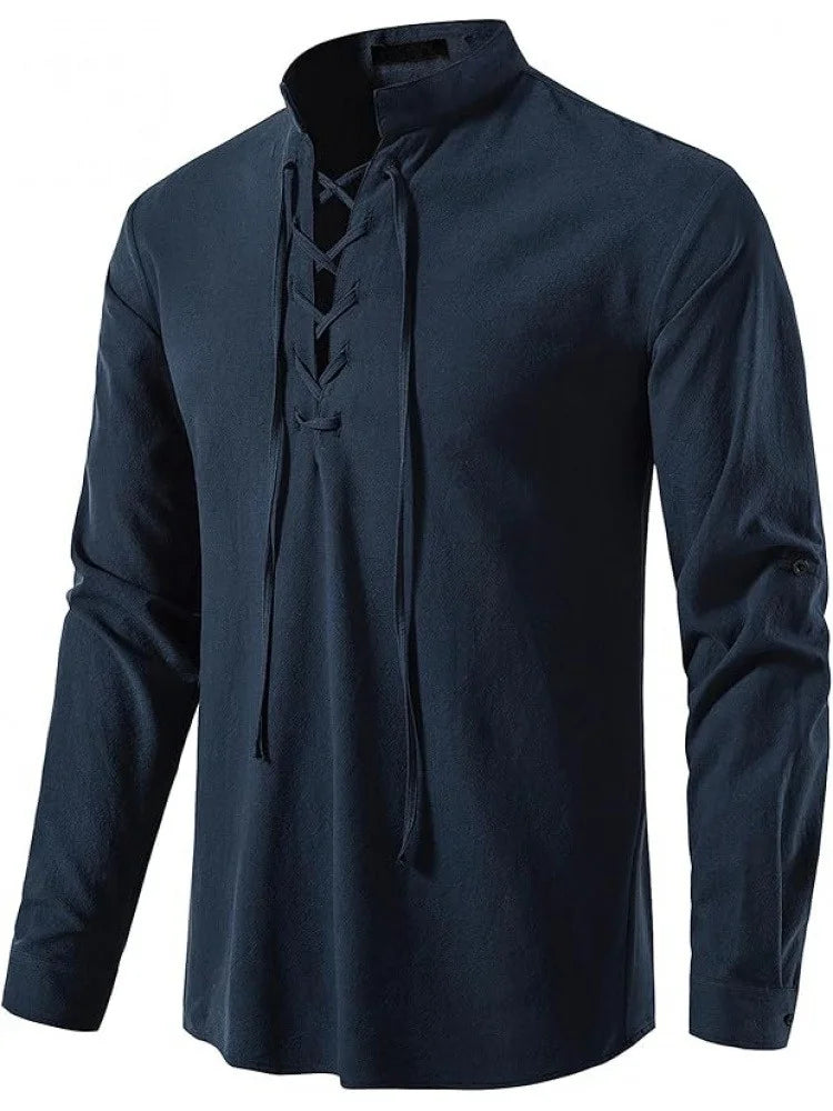 Men's Pure Cotton Medieval Lace Up Shirts Renaissance Pirate Viking T-shirt