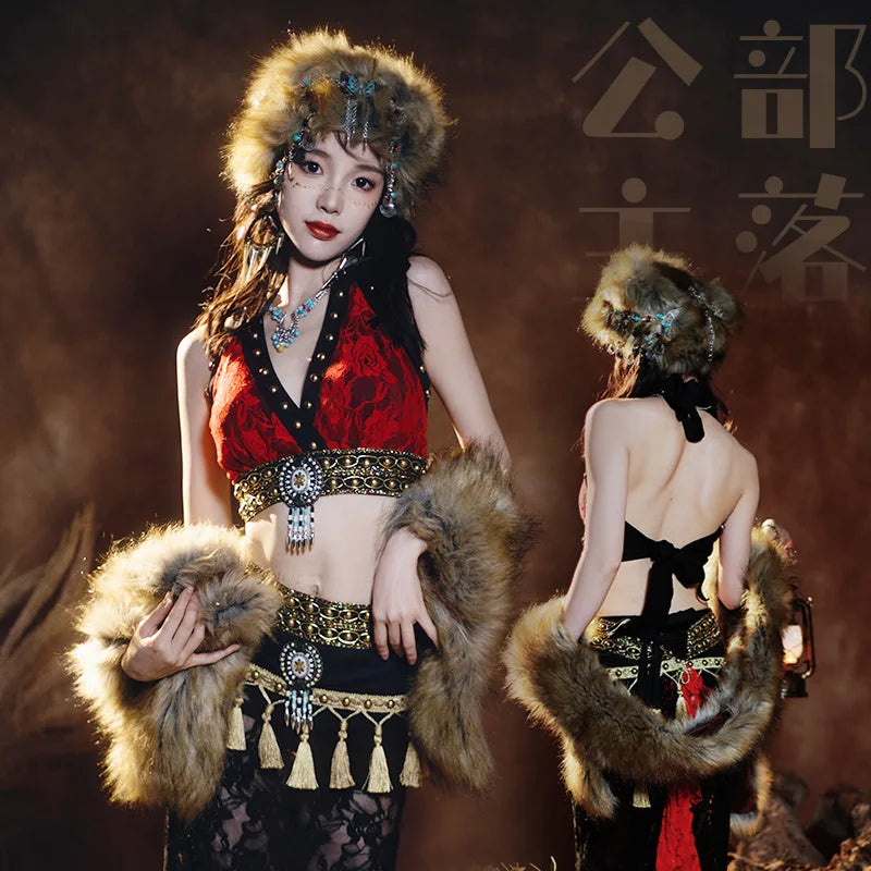 Tribal Fusion Women Belly Dance Costume 2 pieces Top and Hip Scarf