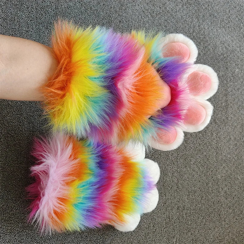 Rainbow Furry Cat Claw Gloves Plush Beast Paws Mittens Halloween Party Cosplay Costumes