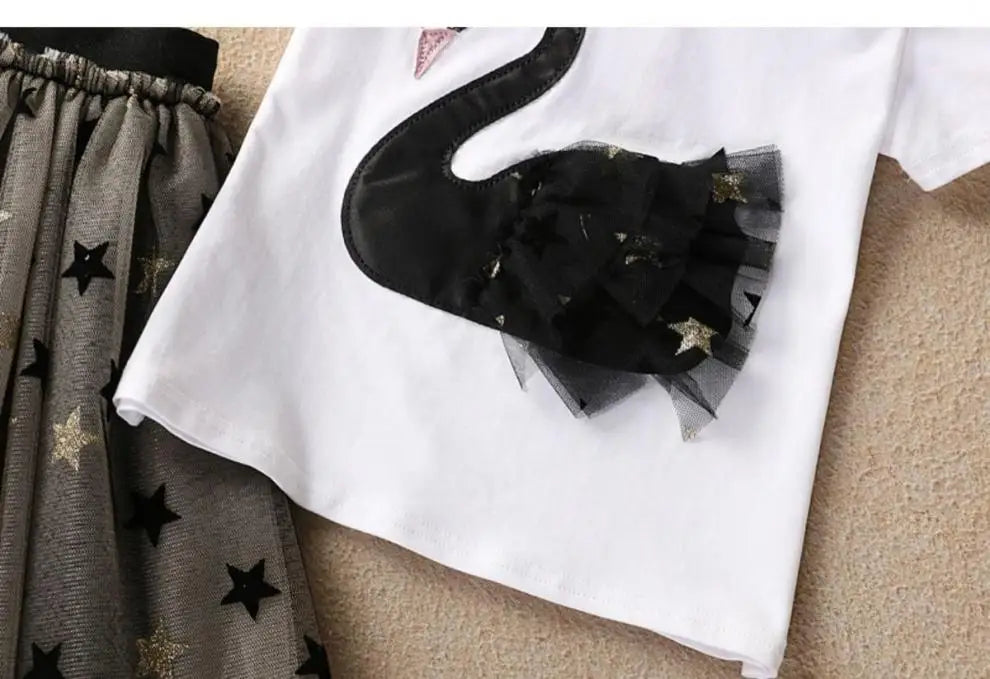 Swan T-Shirt+Sequin Skirts 2Pcs Baby Girls Clothing Sets Cotton Outfits
