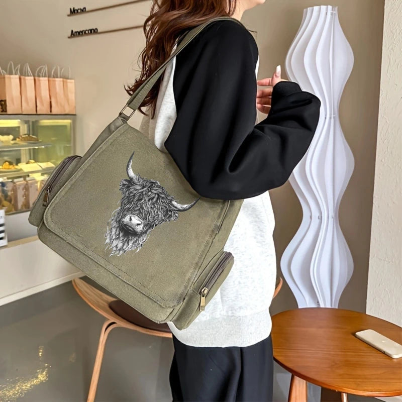 Highland Cow Print Canvas Shoulder Bag Crossbody Messenger Bag