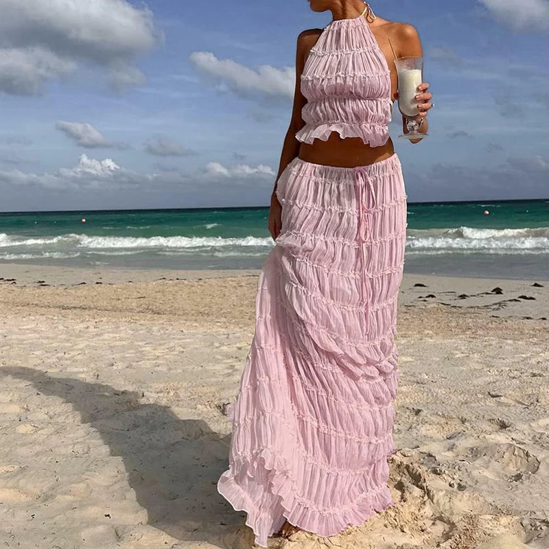 Summer's Ruched Halter Cami Tops + Maxi Skirt 2 Piece Set