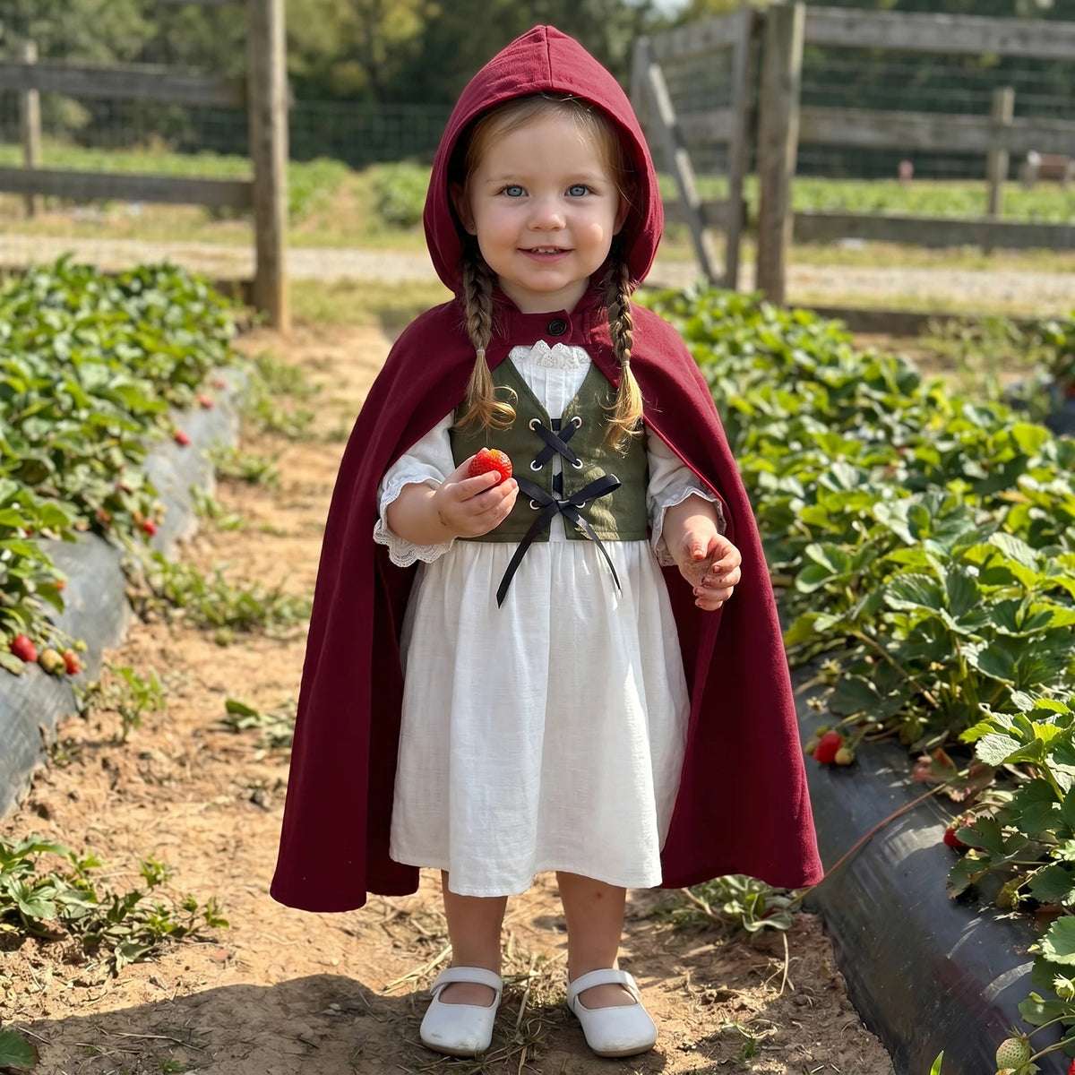 Medieval Woodland Kids Girls Costume Long Sleeve Lace Trim Dress with Vest Cloak Cosplay Outfit Set