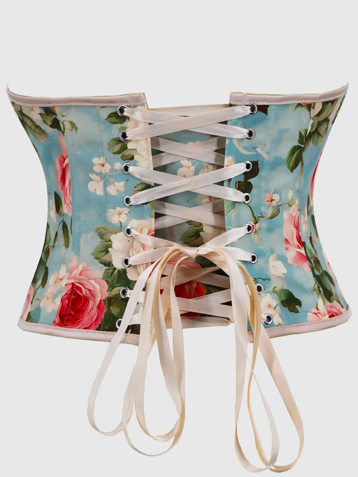 Roses and Blue Skies Floral Print Corset Overbust Corselet Bustiers