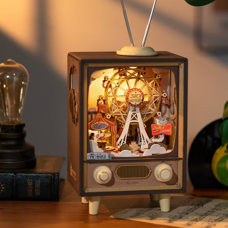 Sunset Carnival Retro TV Music Boxes with Lights 3D Wooden DIY Model Kit Puzzle Toys