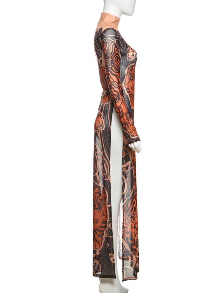 Tiger Print Mesh Dress Long Top Waist High Splits High Elasticity