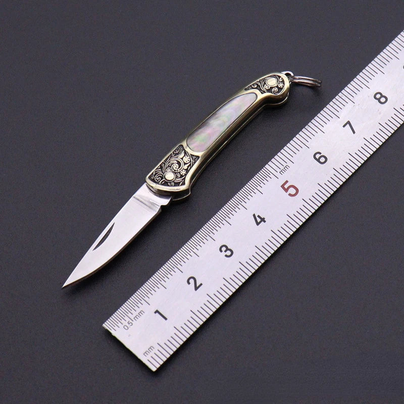 Principessa Pesca Handmade Shell Inlaid Folding Knife High Quality Sharp Brass Portable Keychain Mini Knife