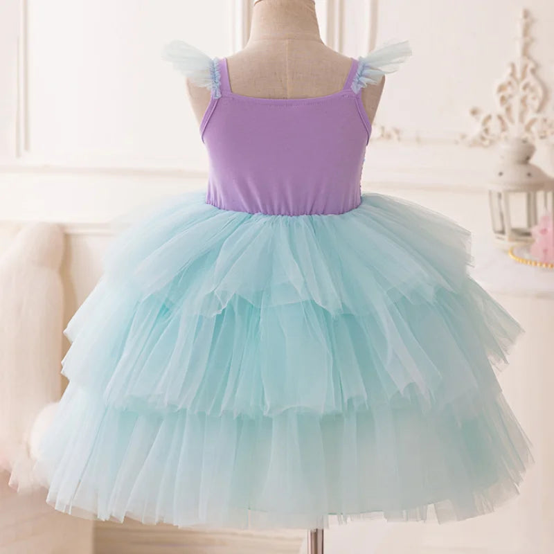 Girl's Shell Pearl Sequin Tulle Mermaid Cake Layer Party Dress