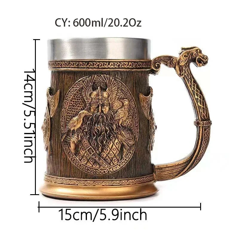 3D Viking Coffee Beer Mug Stainless Steel Warrior Stein Medieval Tree of Life Design