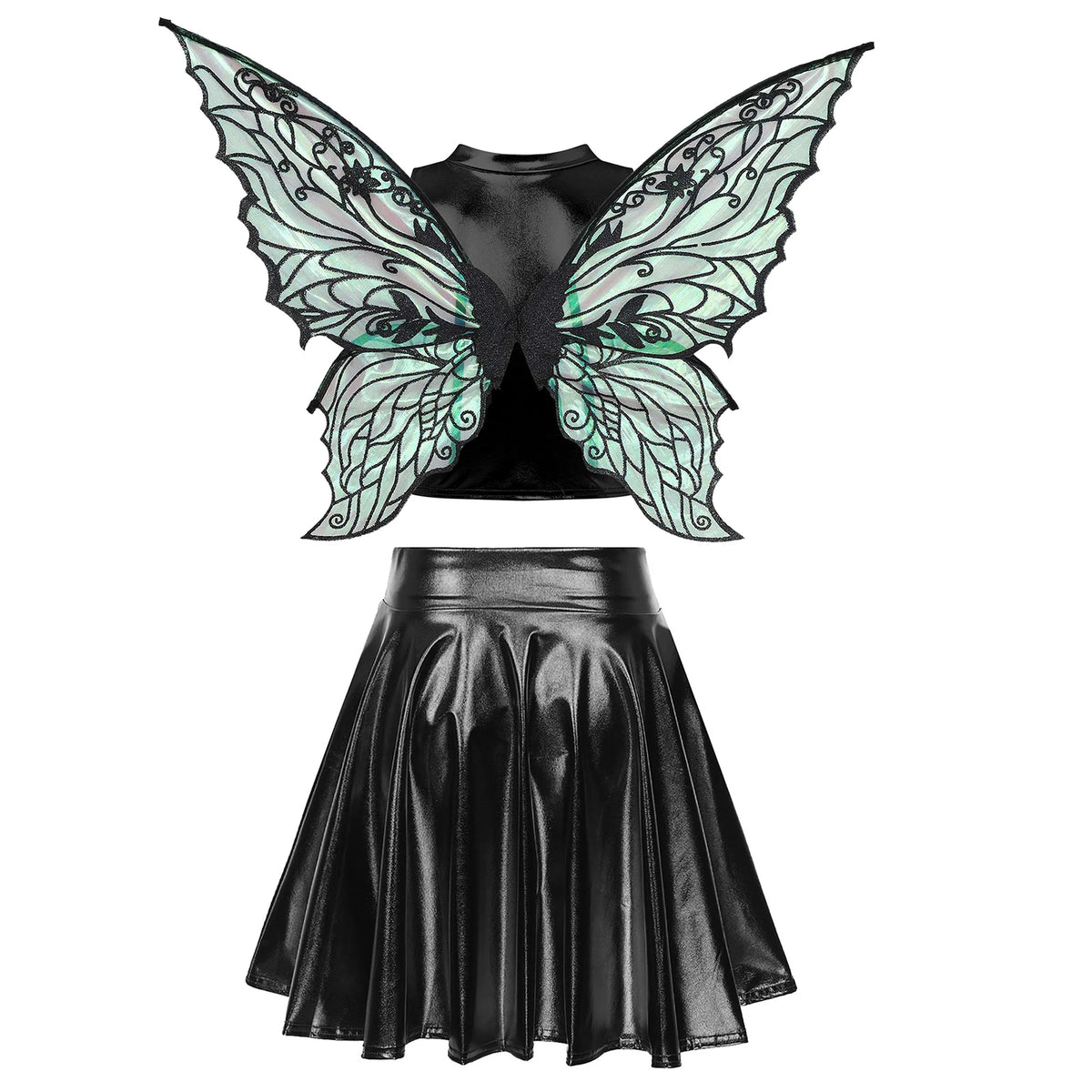 Festival Fairy Cosplay Costume Sleeveless Crop Top, High Waist Flared Skirt And Butterfly Wings Set