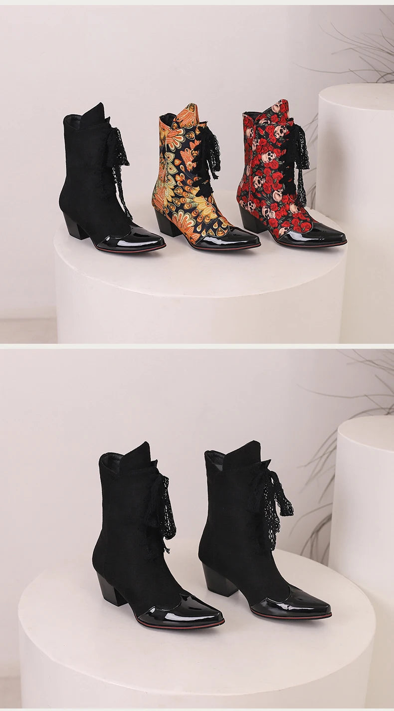 Skull Flower Lace Laces Ankle Boots