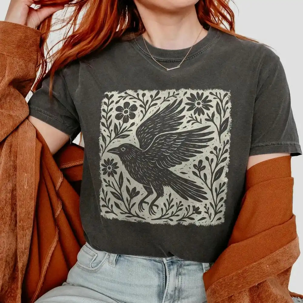 Folklore Crow Lino Print Cotton T-Shirt Folk Art Linocut