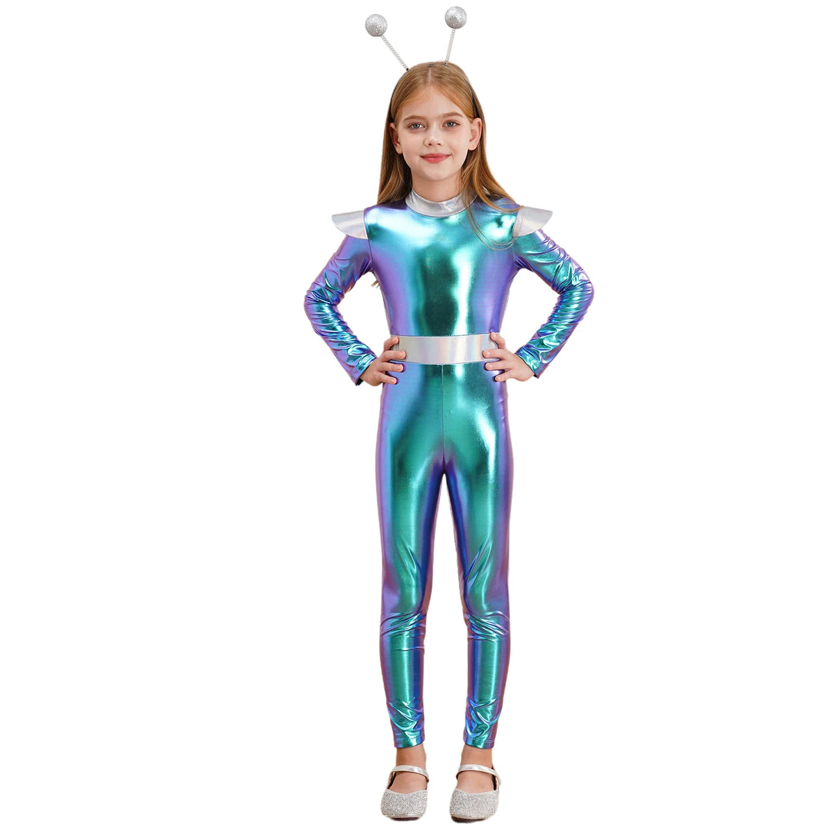 Girls Boys Alien Costume Shiny Metallic Full Body Suit Space Astronaut Robot Halloween Dress Up