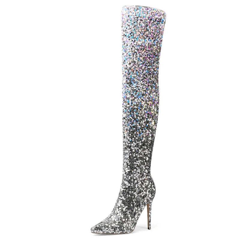 Galaxy Thigh High Boots Gradient Sequin Stretch Boots 11CM Heels