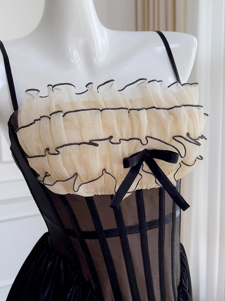 Justine's French Black Lace Sling Spliced Ruffles Bandage Backless Dress