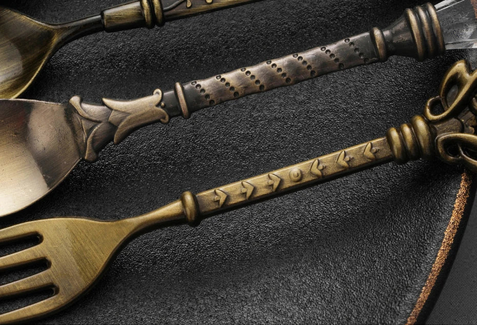6pcs Vintage Spoons Fork Royal Style Gold Carved Coffee Tea Spoon Dessert Fork Cutlery Set