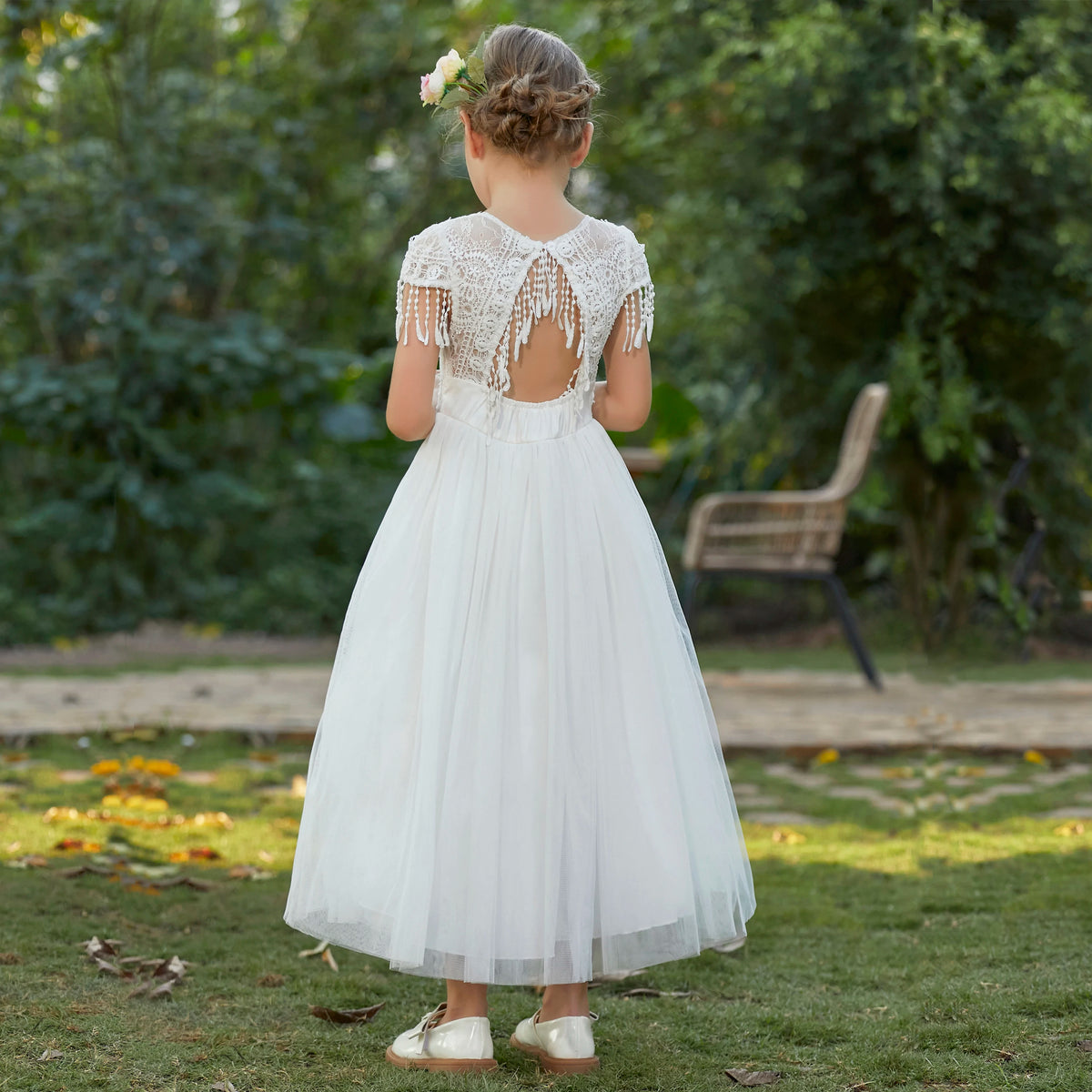 Girl's Beaded Lace Tassel White Tulle Special Occassion Dress
