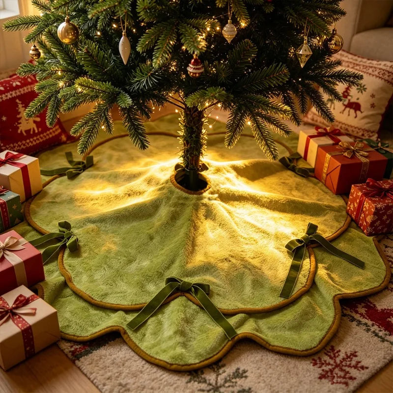 Velvet Bow Christmas Tree Skirts Soft Plush Stand Cover Xmas Decor