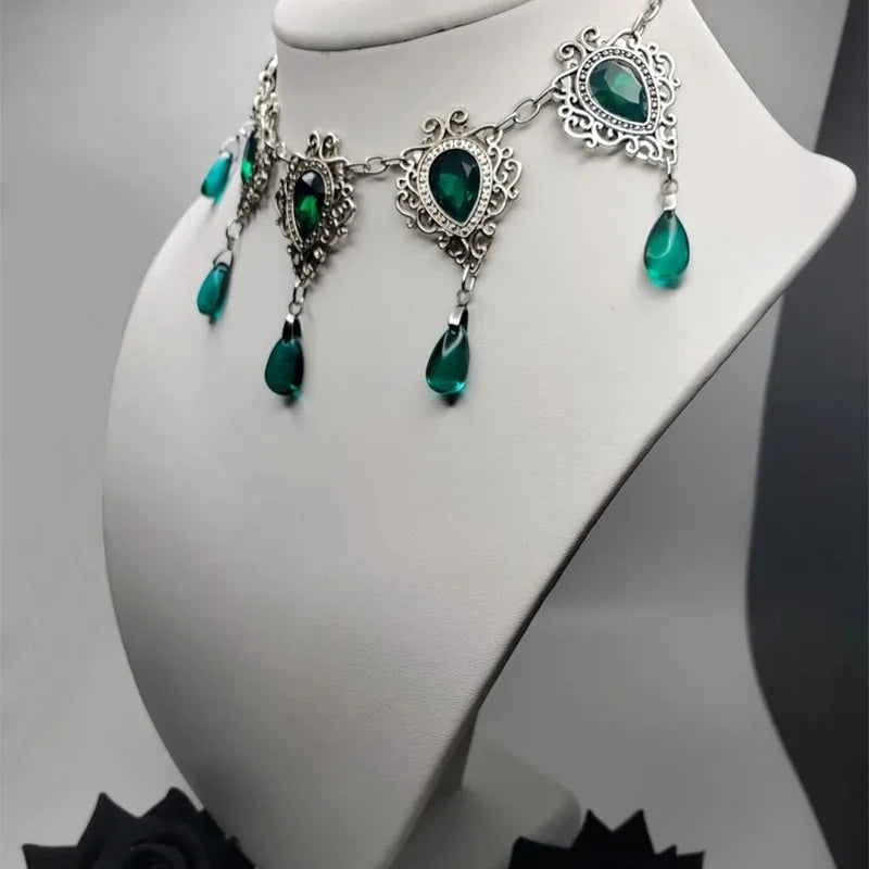 Victorian Medieval Gothic Green Envy Water Drop Courtier's Choker Necklace