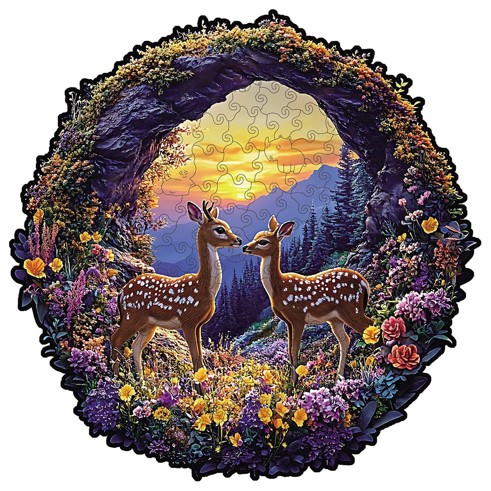 Spring Mountain Deer Unique Shape Wooden Jigsaw Puzzles