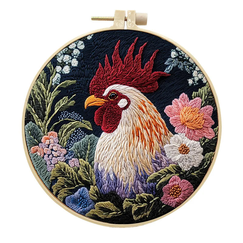 Rooster Embroidery Kit with Flowers for Beginners Needles Embroidery Thread DIY Craft