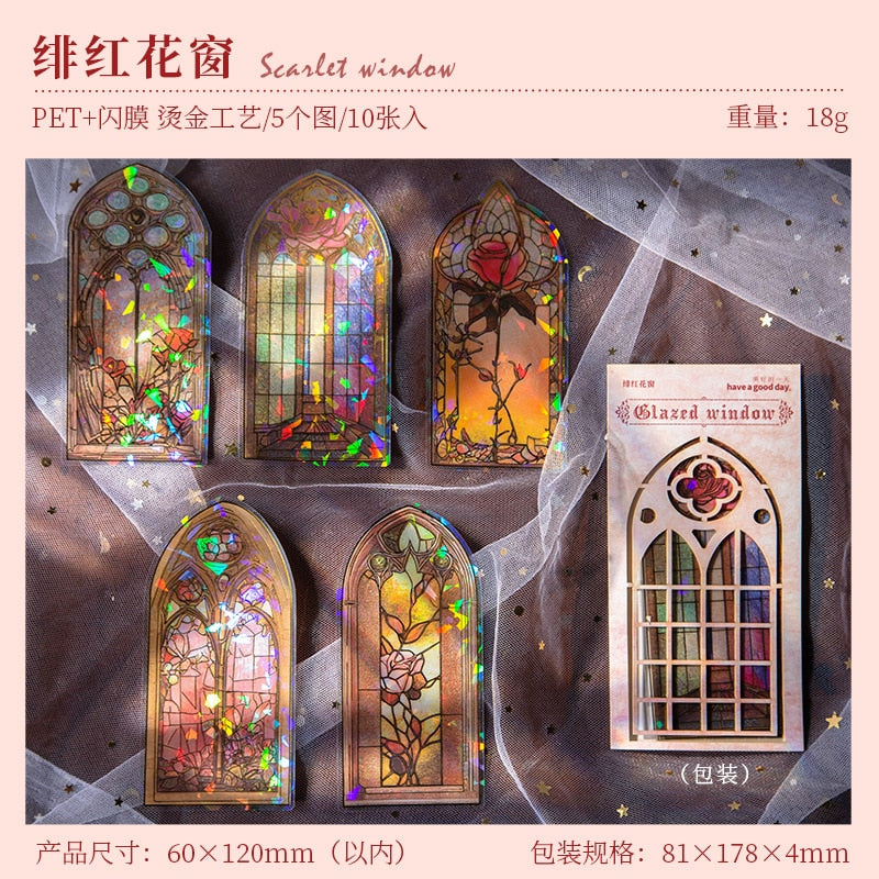 10Pcs Arched Stain Glass Window Series Decorative Waterproof Stickers Scrapbooking DIY Craft