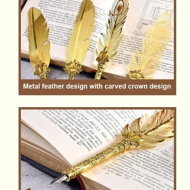 Golden Feather Quill Pens Set Dip Fountain Pens Ink Stationery Writing Gift Box Sets