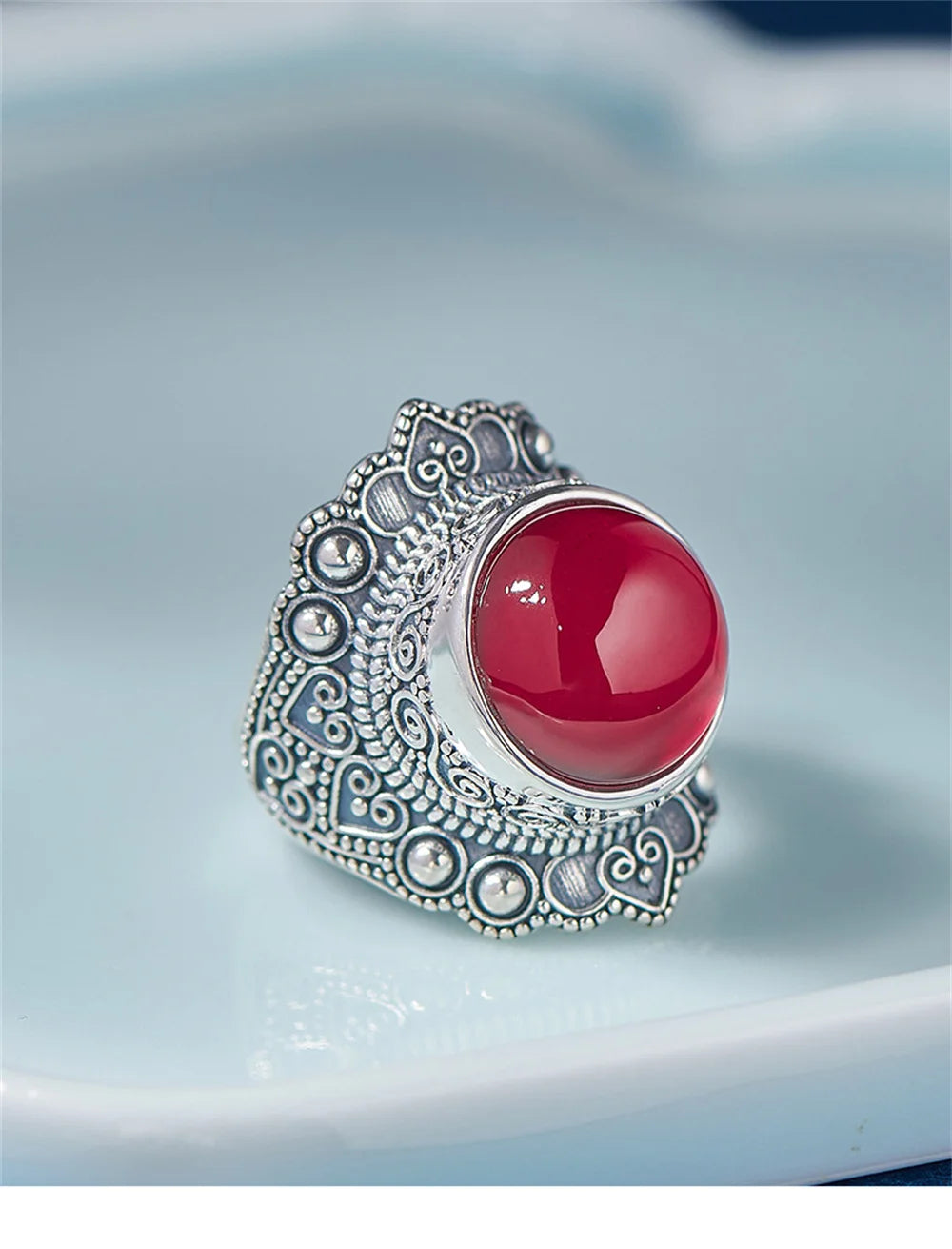 The Sage One's S925 Sterling Silver Rings Ancient Emboss Pattern Corundum