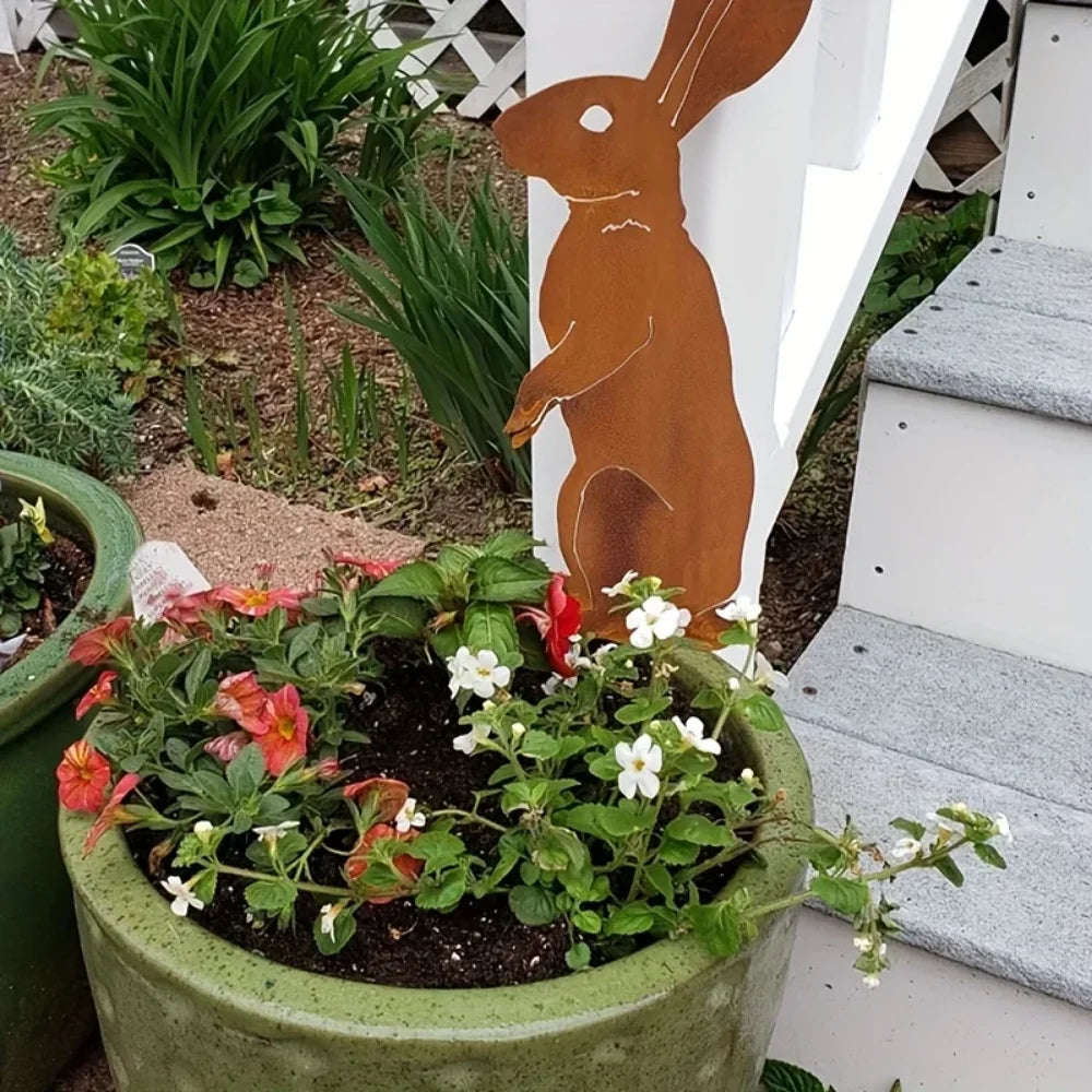 Rustic Metal Rabbit Garden Stake Rusty Bunny Silhouette