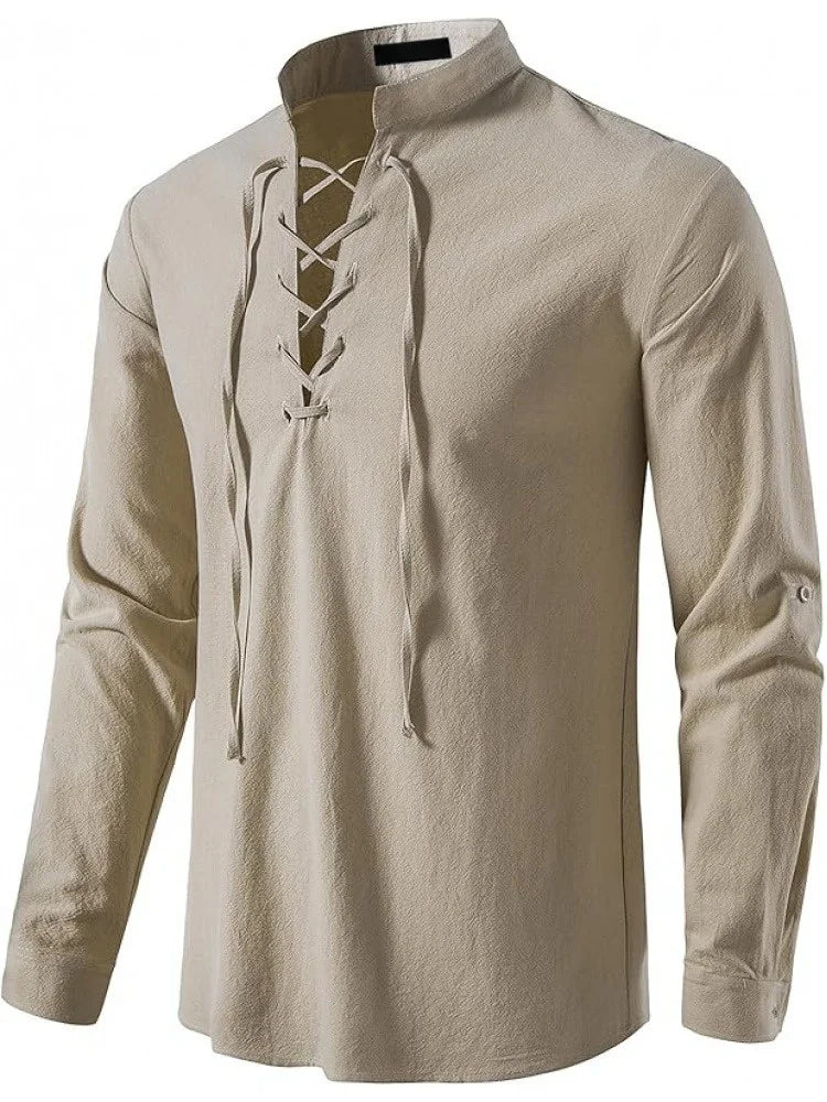 Men's Pure Cotton Medieval Lace Up Shirts Renaissance Pirate Viking T-shirt