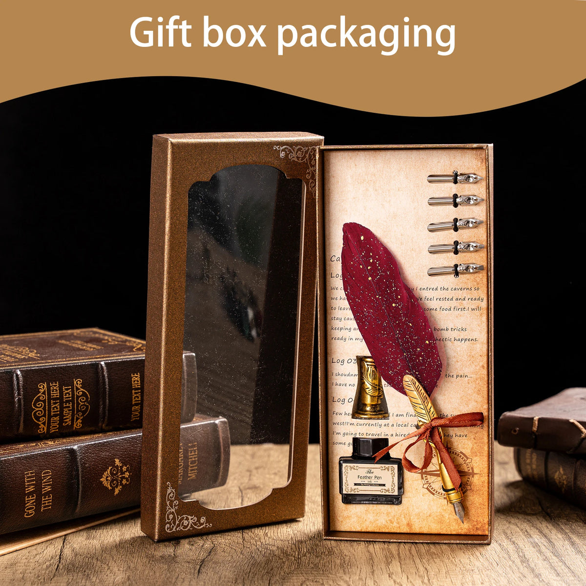 Feather Quill Pen and Ink Set Dip Calligraphy Writing Set with 5 Replacement Nibs Pen Holder